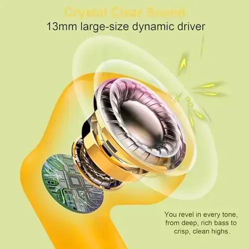 Wireless Earbuds, Bluetooth 5.4 Headphones in Ear with Noise Cancelling Mic, Bluetooth Earbuds Stereo Bass, IP7 Waterproof Sports Earphones, 32H Playtime USB C Charging Ear Buds Yellow for Android iOS - 3