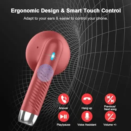 Wireless Earbuds, Bluetooth 5.4 Headphones in Ear with Noise Cancelling Mic, Bluetooth Earbuds Stereo Bass, IP7 Waterproof Sports Earphones, 32H Playtime USB C Charging Ear Buds Red for Android iOS - 6