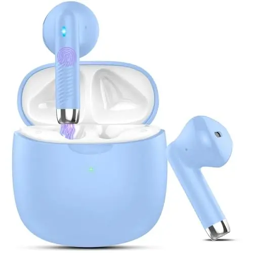Wireless Earbuds, Bluetooth 5.4 Headphones in Ear with Noise Cancelling Mic, Bluetooth Earbuds Stereo Bass, IP7 Waterproof Sports Earphones, 32H Playtime USB C Charging Buds Light Blue for Android iOS 