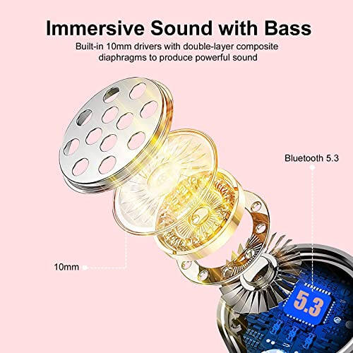Ear Buds Wireless Earbuds, HiFi Stereo Bluetooth 5.3 Running Headphones with Dual LED Display 30Hrs Playtime, Built-in Mic, Type-C, in-Ear Bluetooth Earphones with Earhooks for Sport, Rose Gold - 2