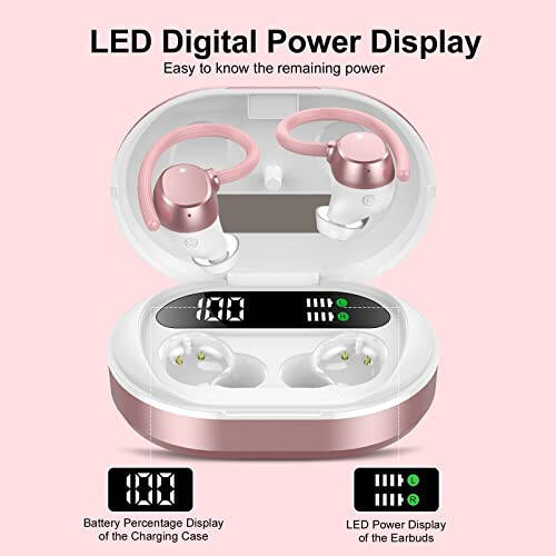 Ear Buds Wireless Earbuds, HiFi Stereo Bluetooth 5.3 Running Headphones with Dual LED Display 30Hrs Playtime, Built-in Mic, Type-C, in-Ear Bluetooth Earphones with Earhooks for Sport, Rose Gold - 3