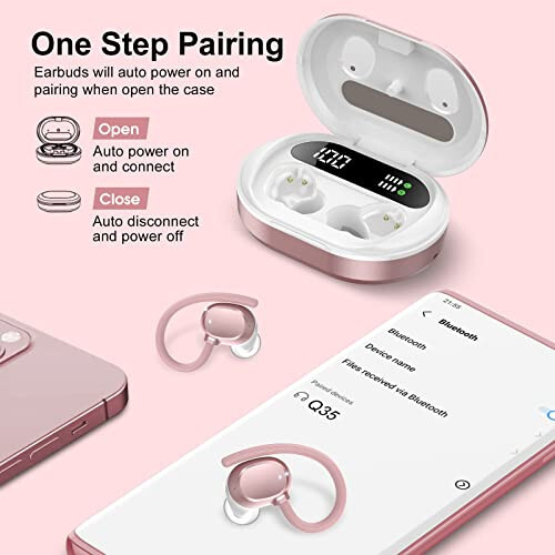 Ear Buds Wireless Earbuds, HiFi Stereo Bluetooth 5.3 Running Headphones with Dual LED Display 30Hrs Playtime, Built-in Mic, Type-C, in-Ear Bluetooth Earphones with Earhooks for Sport, Rose Gold - 6