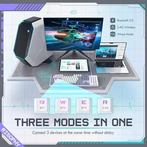 Wireless Mechanical Keyboard, Triple Mode 2.4G/USB-C/Bluetooth Gaming Keyboard, 104 Keys Programmable, Customize RGB Backlit, Red Switch, Bicolor PBT Keycaps, Rechargeable Wired Keyboard for Laptop PC - 5