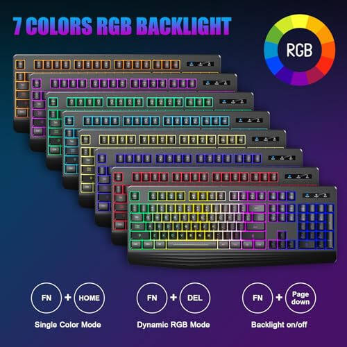 Wireless Gaming Keyboard, RGB & Single-Color Backlit, Full-Size Waterproof Computer Keyboard, Silent Keys, Wrist Rest, Sleep Mode, Rechargeable 2.4G Wireless Keyboardfor Windows, Mac, PC, Laptop - 2