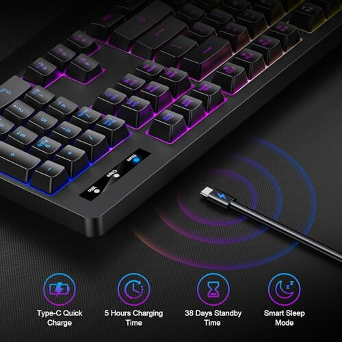 Wireless Gaming Keyboard, RGB & Single-Color Backlit, Full-Size Waterproof Computer Keyboard, Silent Keys, Wrist Rest, Sleep Mode, Rechargeable 2.4G Wireless Keyboardfor Windows, Mac, PC, Laptop - 3