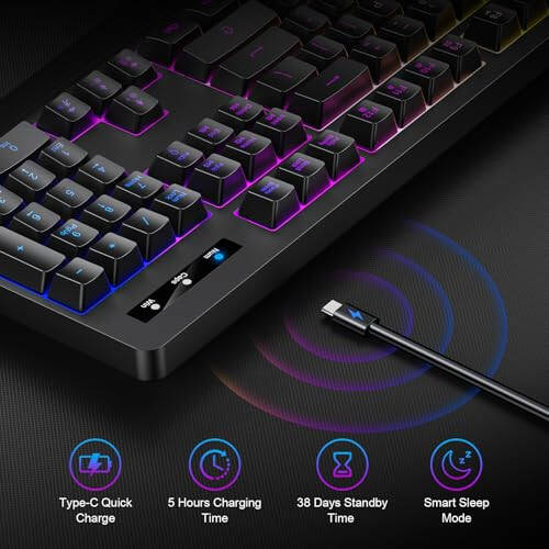 Wireless Gaming Keyboard, RGB & Single-Color Backlit, Full-Size Waterproof Computer Keyboard, Silent Keys, Wrist Rest, Sleep Mode, Rechargeable 2.4G Wireless Keyboardfor Windows, Mac, PC, Laptop - 3