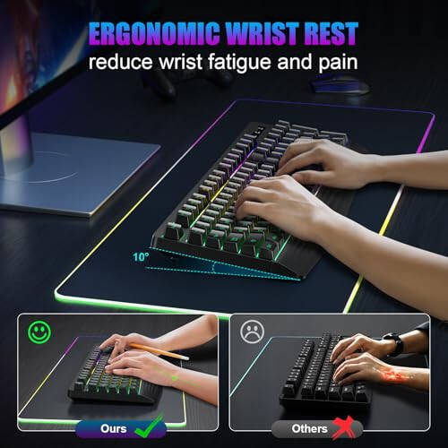Wireless Gaming Keyboard, RGB & Single-Color Backlit, Full-Size Waterproof Computer Keyboard, Silent Keys, Wrist Rest, Sleep Mode, Rechargeable 2.4G Wireless Keyboardfor Windows, Mac, PC, Laptop - 4
