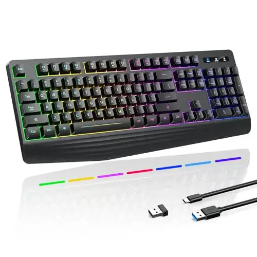 Wireless Gaming Keyboard, RGB & Single-Color Backlit, Full-Size Waterproof Computer Keyboard, Silent Keys, Wrist Rest, Sleep Mode, Rechargeable 2.4G Wireless Keyboardfor Windows, Mac, PC, Laptop - 1