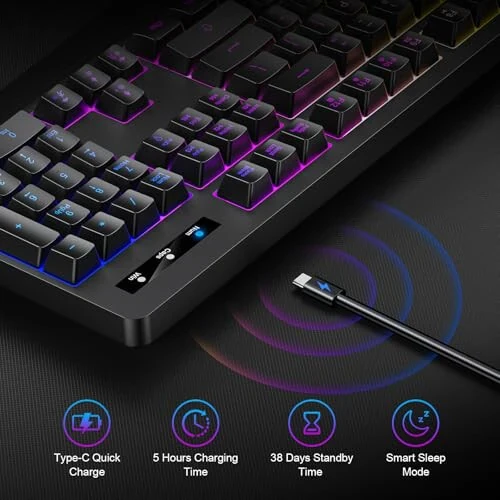 Wireless Gaming Keyboard, RGB & Single-Color Backlit, Full-Size Waterproof Computer Keyboard, Silent Keys, Wrist Rest, Sleep Mode, Rechargeable 2.4G Wireless Keyboardfor Windows, Mac, PC, Laptop - 3