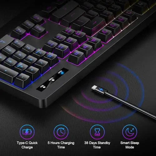 Wireless Gaming Keyboard, RGB & Single-Color Backlit, Full-Size Waterproof Computer Keyboard, Silent Keys, Wrist Rest, Sleep Mode, Rechargeable 2.4G Wireless Keyboardfor Windows, Mac, PC, Laptop - 3