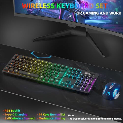 Kablosuz Oyun Klavyesi ve Fare Kombosu - RGB Arka Aydınlatmalı, Şarj Edilebilir Kablosuz Klavye ve Ergonomik Arka Aydınlatmalı Fare, Oyun ve İş İçin Kablosuz Klavye ve Fare, Uzun Ömürlü Dahili Pil (Siyah) - 2