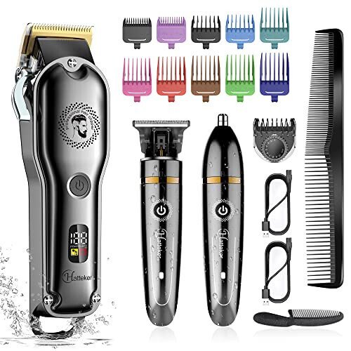 Hatteker Hair Clipper Cordless Barber Clipper T-Blade Beard & Nose Trimmer Grooming Kit Professional IPX7 Waterproof - Hatteker