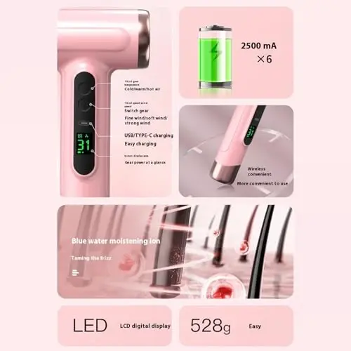 Cordless Hair Dryer,Portable Blow Dryer for Women Men,Hot Cold Blow 15000mAh Rechargeable Lightweight Portable Blow Dryer for Dormitory Travel,Fast Drying as Salon (US Plug) - 3