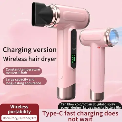 Cordless Hair Dryer,Portable Blow Dryer for Women Men,Hot Cold Blow 15000mAh Rechargeable Lightweight Portable Blow Dryer for Dormitory Travel,Fast Drying as Salon (US Plug) - 4