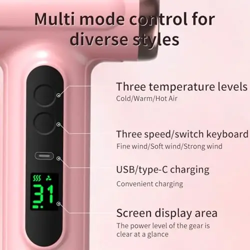 Cordless Hair Dryer,Portable Blow Dryer for Women Men,Hot Cold Blow 15000mAh Rechargeable Lightweight Portable Blow Dryer for Dormitory Travel,Fast Drying as Salon (US Plug) - 6