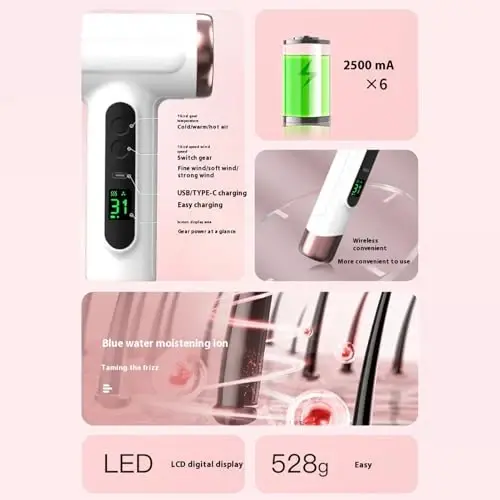 Cordless Hair Dryer,Portable Blow Dryer for Women Men,Blow 15000mAh Rechargeable Lightweight Portable Blow Dryer for Dormitory Travel,Fast Drying as Salon (US Plug) - 4