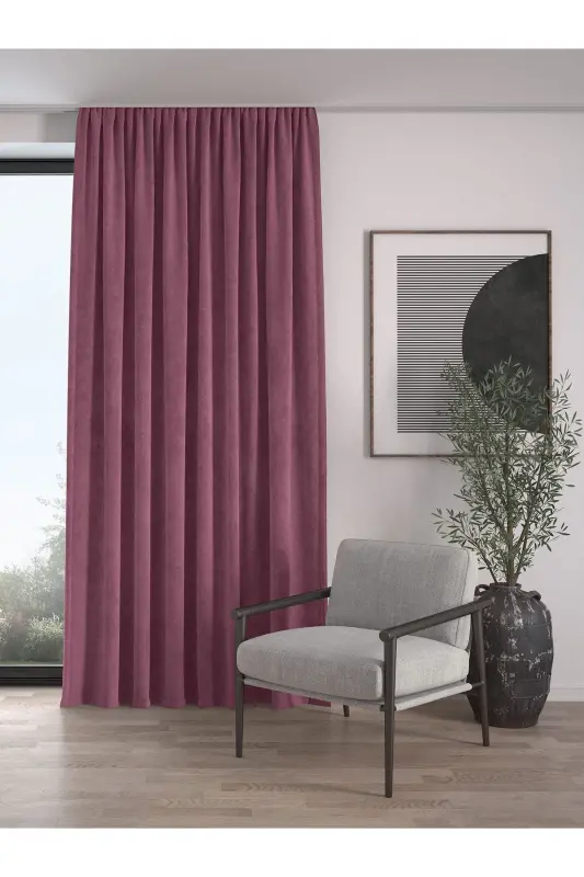 Kadife Dokulu Ekstrafor Büzgülü Lavanta Pembesi Yüksek Kalite Fon Perde Tek Kanat-Lavanta Pembesi - 1