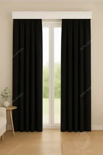Kadife Dokulu Ekstrafor Büzgülü Siyah Yüksek Kalite Fon Perde Aura Perde,Ayarlanabilir Pileli Perde-Siyah - 1