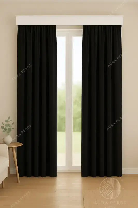 Kadife Dokulu Ekstrafor Büzgülü Siyah Yüksek Kalite Fon Perde Aura Perde,Ayarlanabilir Pileli Perde-Siyah - 1