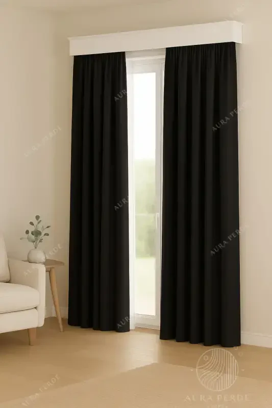 Kadife Dokulu Ekstrafor Büzgülü Siyah Yüksek Kalite Fon Perde Aura Perde,Ayarlanabilir Pileli Perde-Siyah - 3
