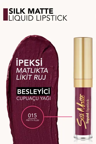 Kadife Dokulu Likit Mat Ruj (MÜRDÜM RENGİ)-silk Matte Liquid Lipstick-015 Pretty Plum-8690604505425-015 PRETTY PLUM - 5