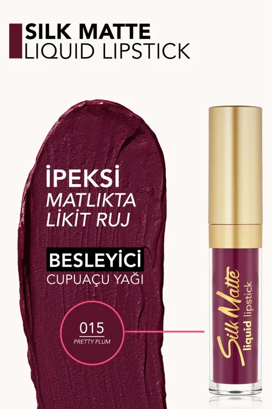 Kadife Dokulu Likit Mat Ruj (MÜRDÜM RENGİ)-silk Matte Liquid Lipstick-015 Pretty Plum-8690604505425-015 PRETTY PLUM - 5