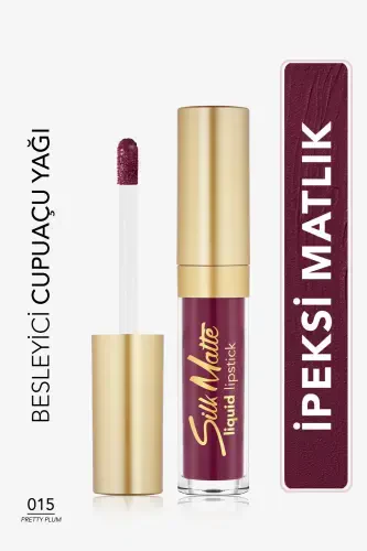 Kadife Dokulu Likit Mat Ruj (MÜRDÜM RENGİ)-silk Matte Liquid Lipstick-015 Pretty Plum-8690604505425-015 PRETTY PLUM - 1