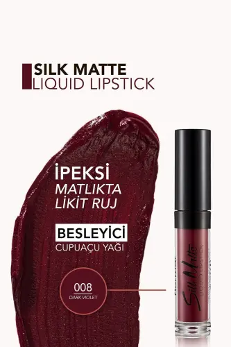 Kadife Dokulu Likit Mat Ruj - Silk Matte Liquid Lipstick - 008 DARK VIOLET - 8690604397372 - 008 DARK VIOLET - 10