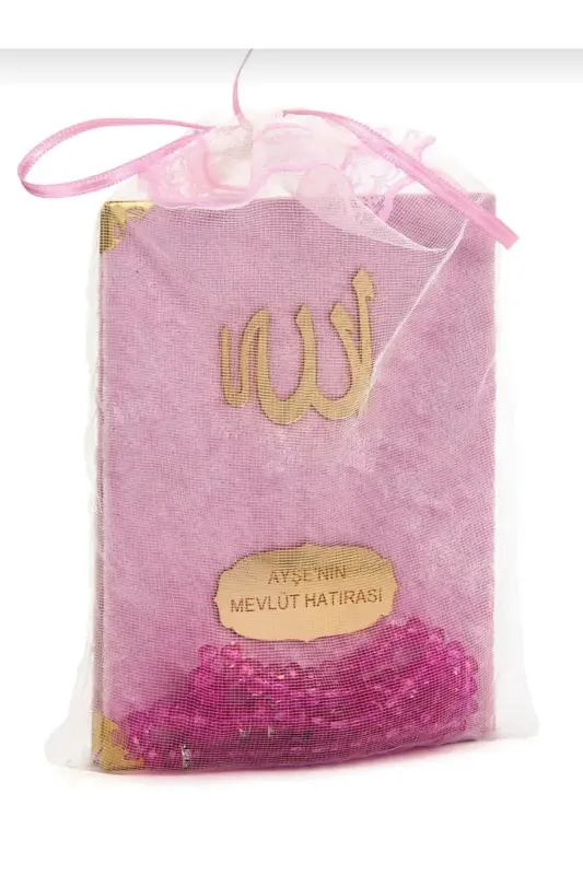 Kadife Kaplı Yasin ŞERİF Hac Umre Bebek Hediyelik Mevlüt -Tesbih isme özel Pleksi 30 Adet-PEMBE - RAMES GIFT