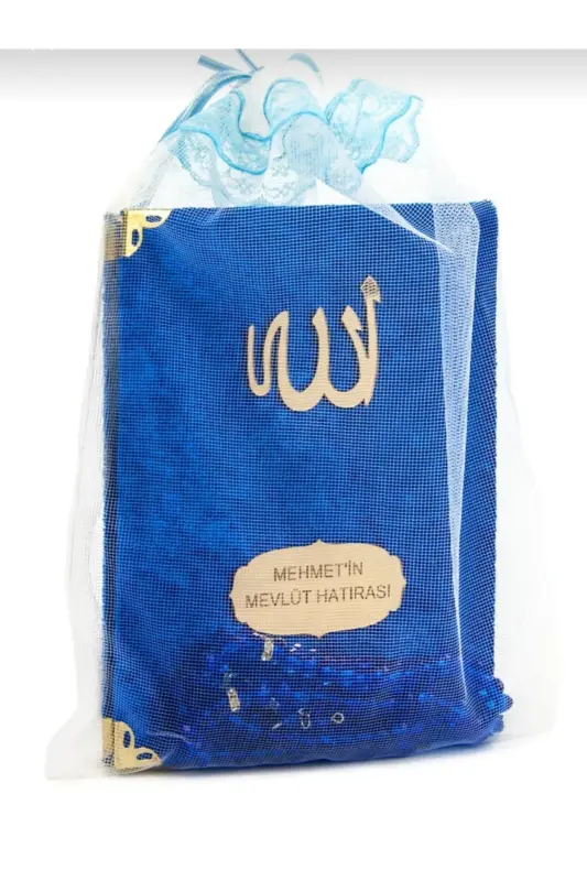 Kadife Kapli Yasin ŞERİF Haj Umra Bebek Hediyalik Mevlut -Tasbeh isme özel Pleksi 30 Adet-MAVİ - 1