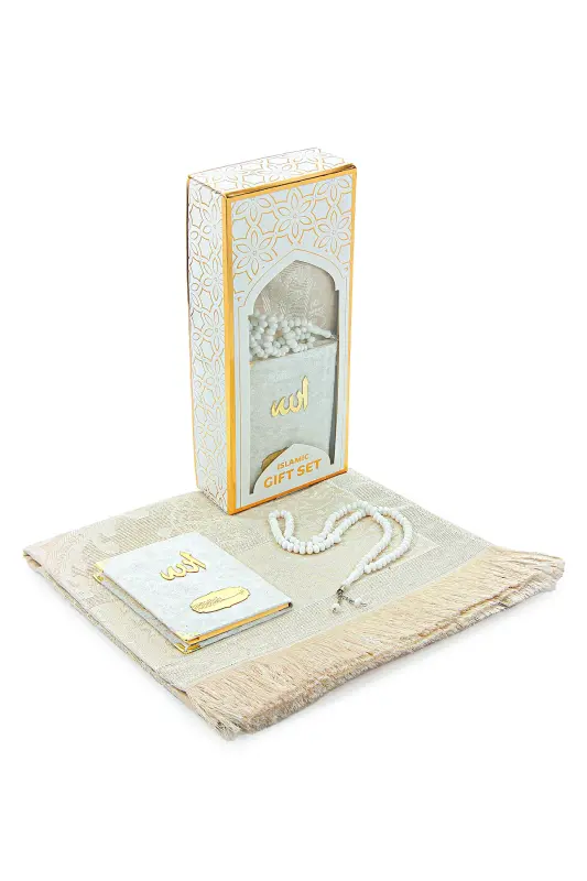 Kadife Kaplı Yasini Şerif Kitabı Tesbih Seccade Seti Beyaz-Beyaz - 1