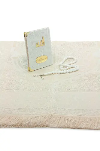 Kadife Kaplı Yasini Şerif Kitabı Tesbih Seccade Seti Beyaz-Beyaz - 4