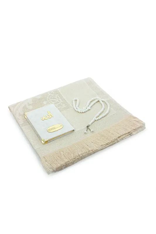 Kadife Kaplı Yasini Şerif Kitabı Tesbih Seccade Seti Beyaz-Beyaz - 3