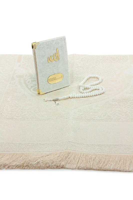 Kadife Kaplı Yasini Şerif Kitabı Tesbih Seccade Seti Beyaz-Beyaz - 4