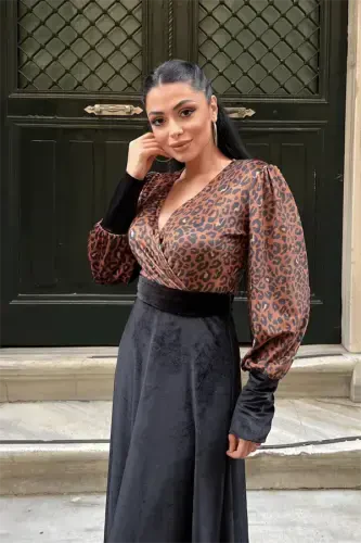 Kadife Kumaş Leopar Detaylı Elbise - SİYAH - 3