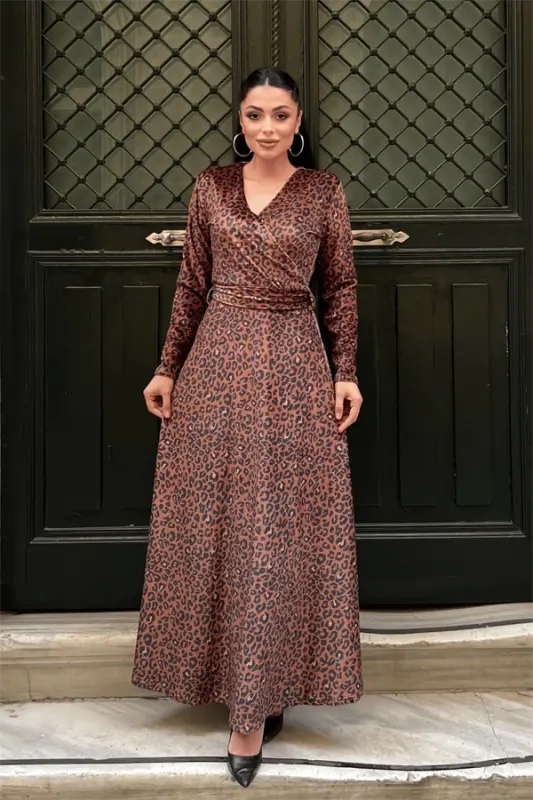 Kadife Leopar Desenli Elbise - LEOPAR - BÜYÜKBEDENIZ