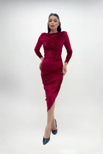 Kadife mato burmali detalli kechki libos - BORDO - 3