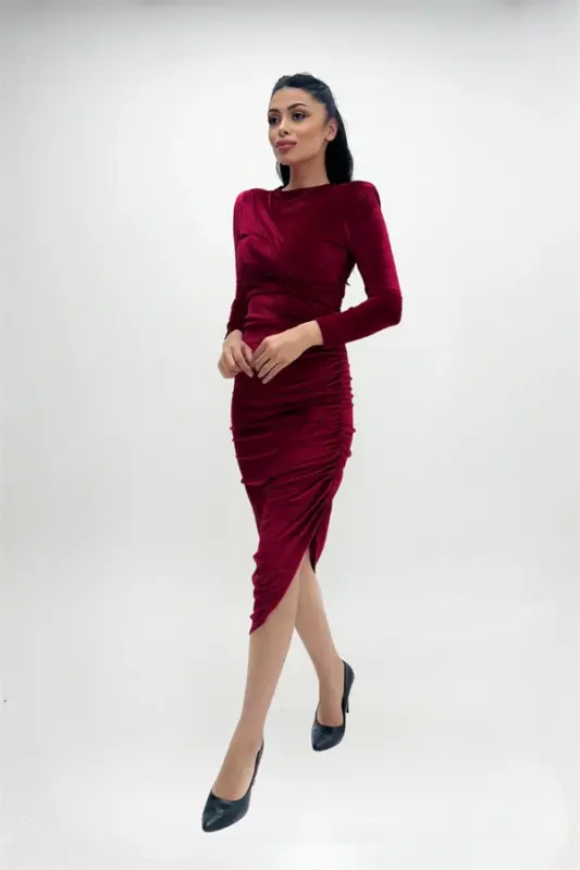 Kadife mato burmali detalli kechki libos - BORDO - 4