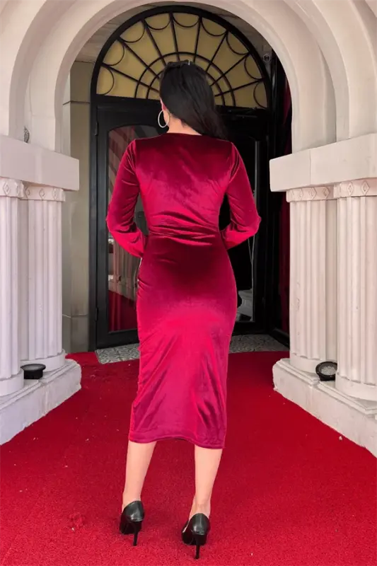 Kadife Mato Kesishgan Yoqali Qalam Ko'ylak - BORDO - 5