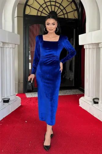 Kadife Mato Kvadrat Bo'yinli Ko'ylak - SAKS KO'K - 1