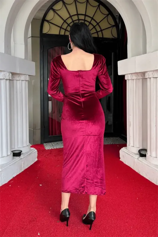 Kadife mato kvadrat yoqali ko'ylak - BORDO - 5