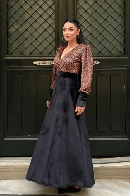 Kadife Mato Leopard Tafsilotli Libos - QORA - 2