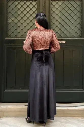 Kadife Mato Leopard Tafsilotli Libos - QORA - 5