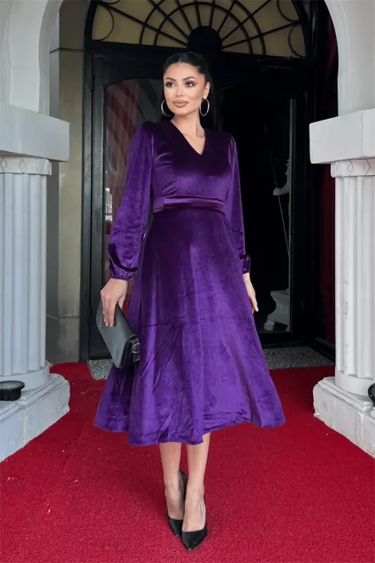 Kadife mato V yoqali midi ko'ylak - BADIMJON RANG - 2