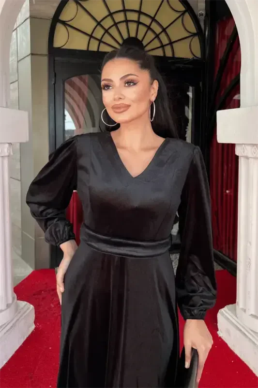 Kadife Mato V Yoqali Midi Ko'ylak - QORA - 4