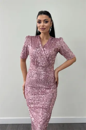 Kadife Payet Ceket Elbise - Pudra - 5