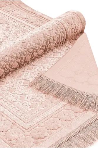 Kadife Seccade İnci Velvet Pearl - Lüks Yumuşak Dokulu Parlak Namazlık - Somon-Somon - 3