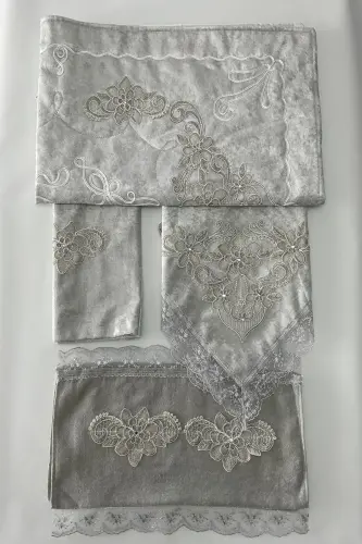 Kadife Seccade Seti 4 Parça - Çeyizlik Kadife Seccade Takımı 4'lü-Gri 