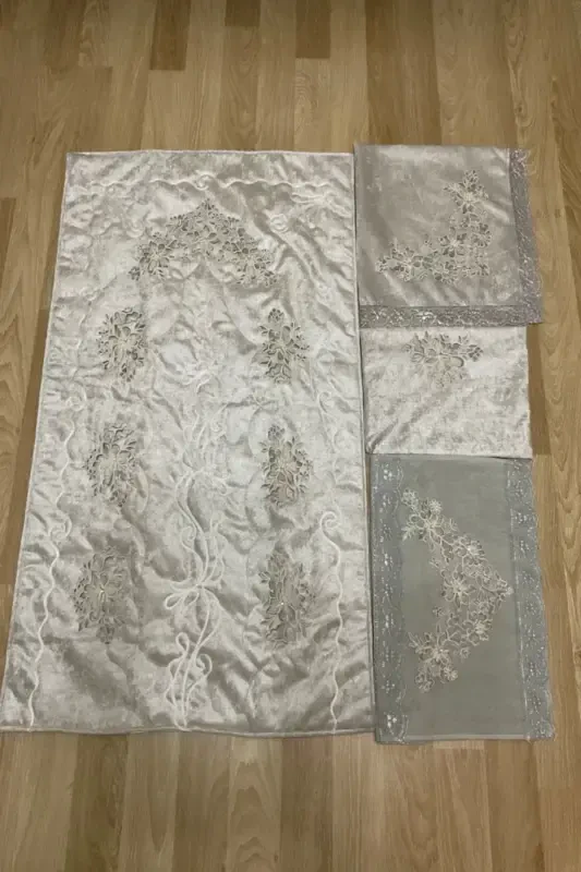 Kadife Seccade Seti 4 Parça - Çeyizlik Kadife Seccade Takımı 4'lü-Gri1 - ÇALIŞKAN ÇEYIZ EVI