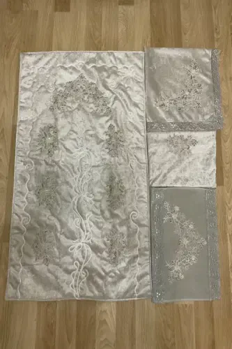 Kadife Seccade Seti 4 Parça - Çeyizlik Kadife Seccade Takımı 4'lü-Gri1 - ÇALIŞKAN ÇEYIZ EVI (1)